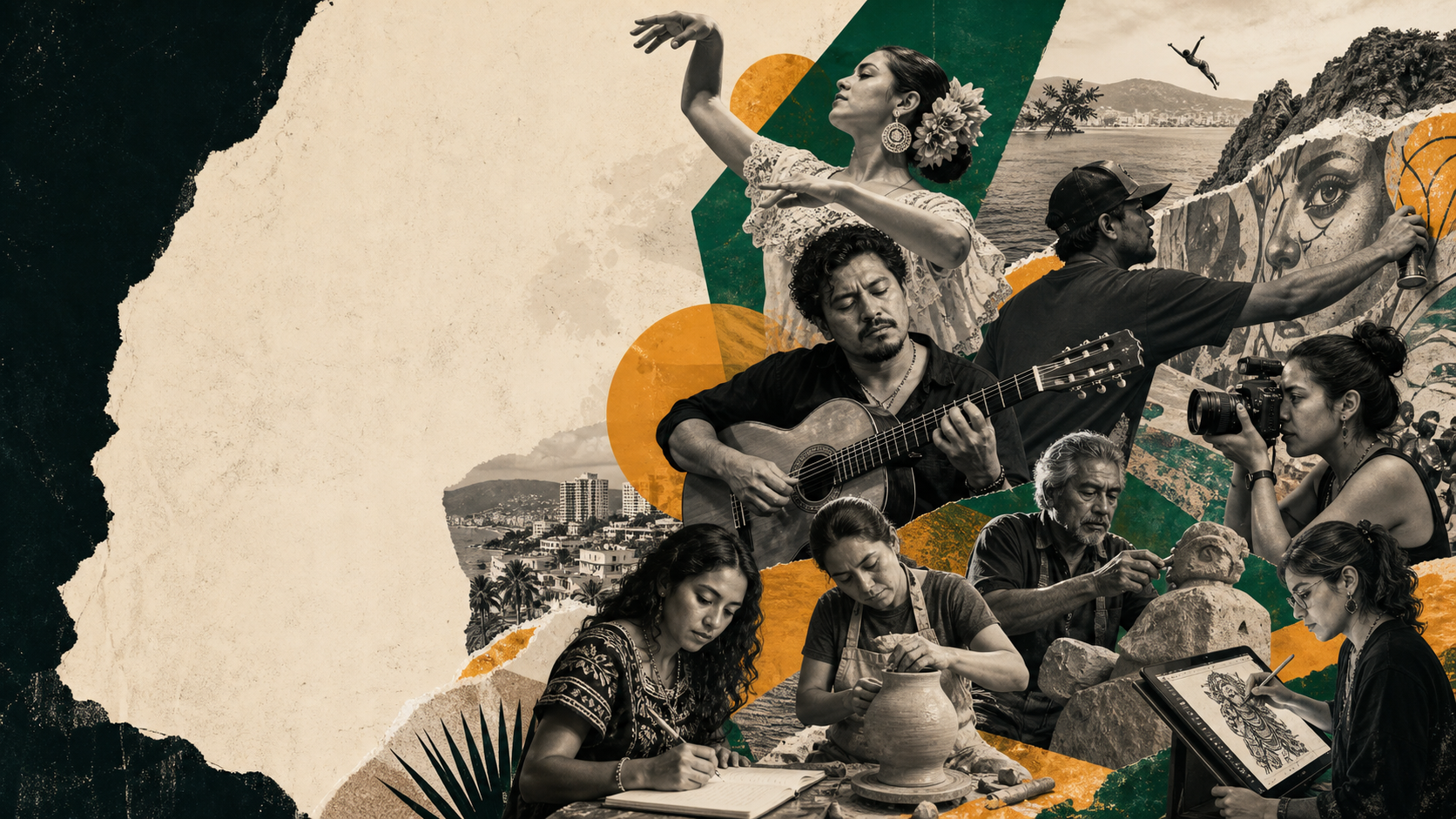 Collage editorial de artistas locales de Acapulco: danza, música, muralismo, fotografía, cerámica, escultura, literatura y creación digital