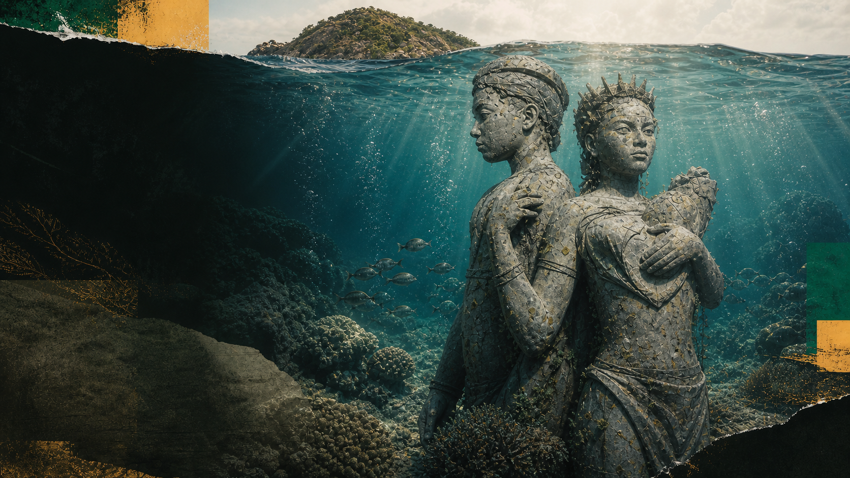 Collage del Museo Subacuático de Acapulco con las esculturas Acatl y Quiáhuitl, La Roqueta y el entorno marino